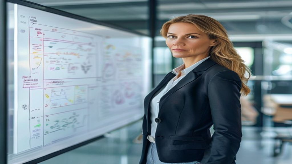 a professional woman executive with a confident expression standing next to a clean glass whiteboard